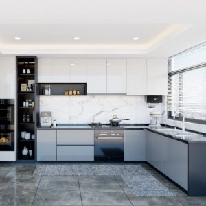 Tủ bếp INOX vân Caro cánh gỗ Acrylic